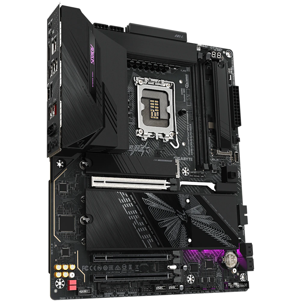 A large main feature product image of Gigabyte Z890 AORUS ELITE DUO X LGA1851 ATX Desktop Motherboard