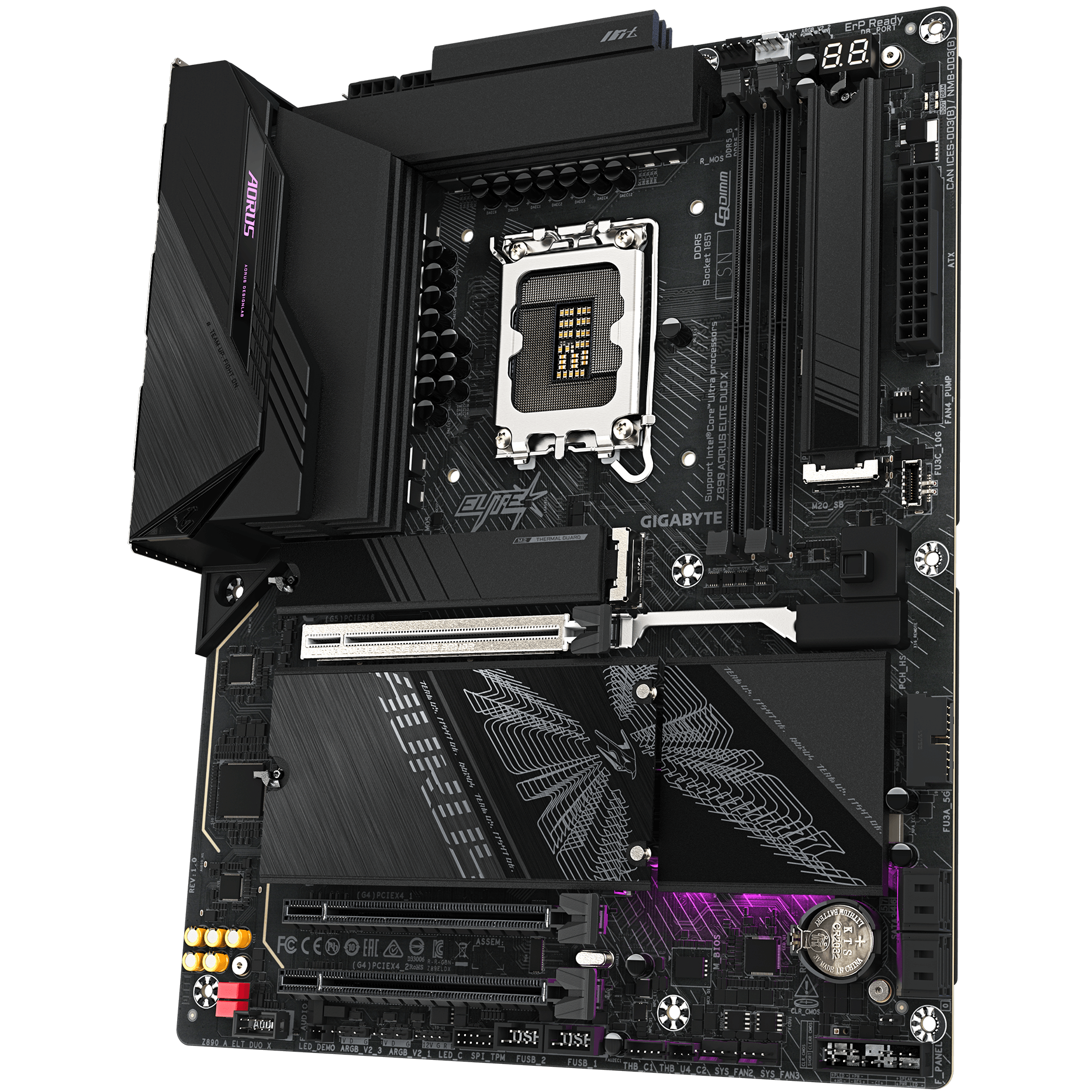 A large main feature product image of Gigabyte Z890 AORUS ELITE DUO X LGA1851 ATX Desktop Motherboard