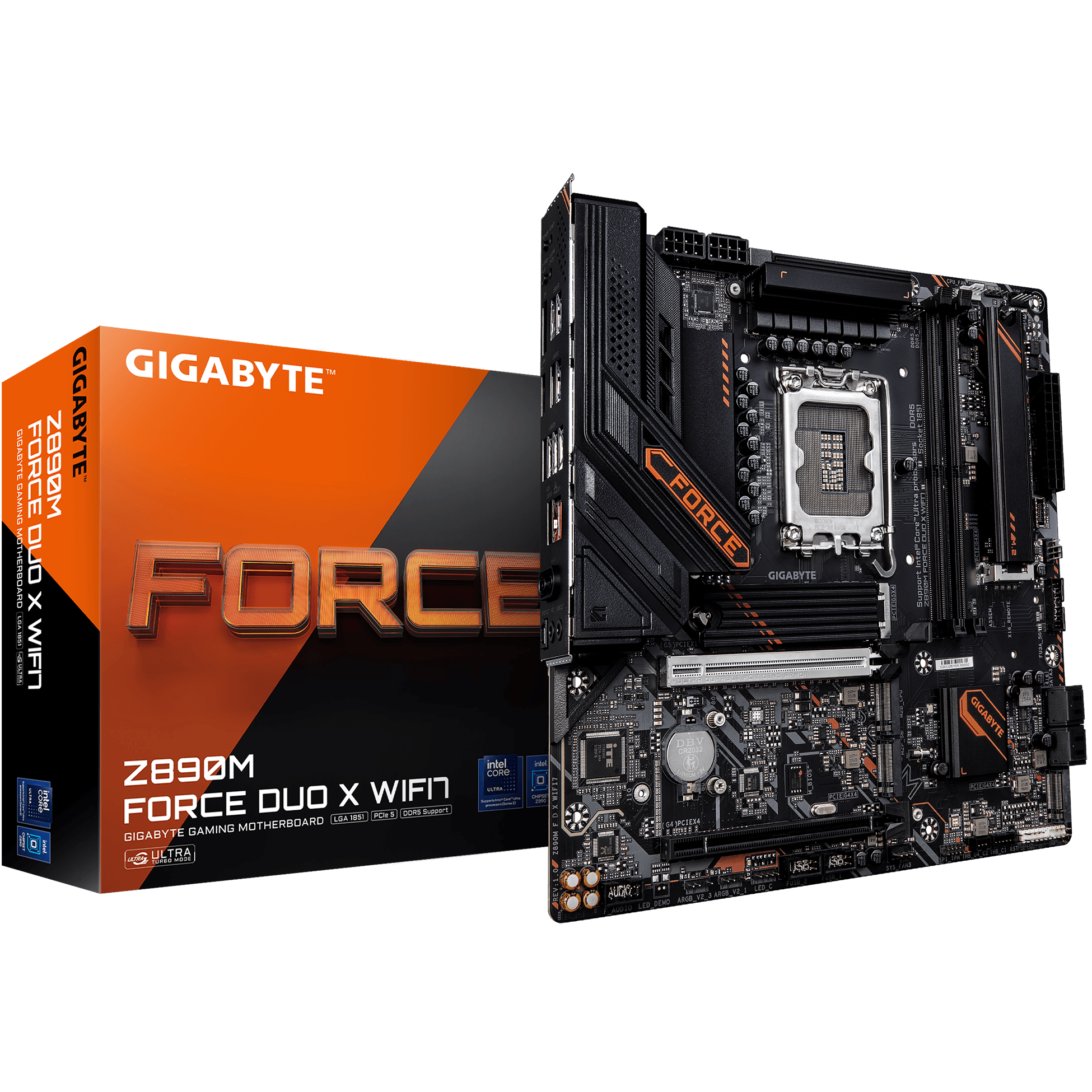 A large main feature product image of Gigabyte Z890M FORCE DUO X WIFI7 LGA1851 mATX Desktop Motherboard