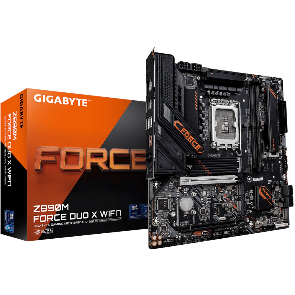 A large main feature product image of Gigabyte Z890M FORCE DUO X WIFI7 LGA1851 mATX Desktop Motherboard