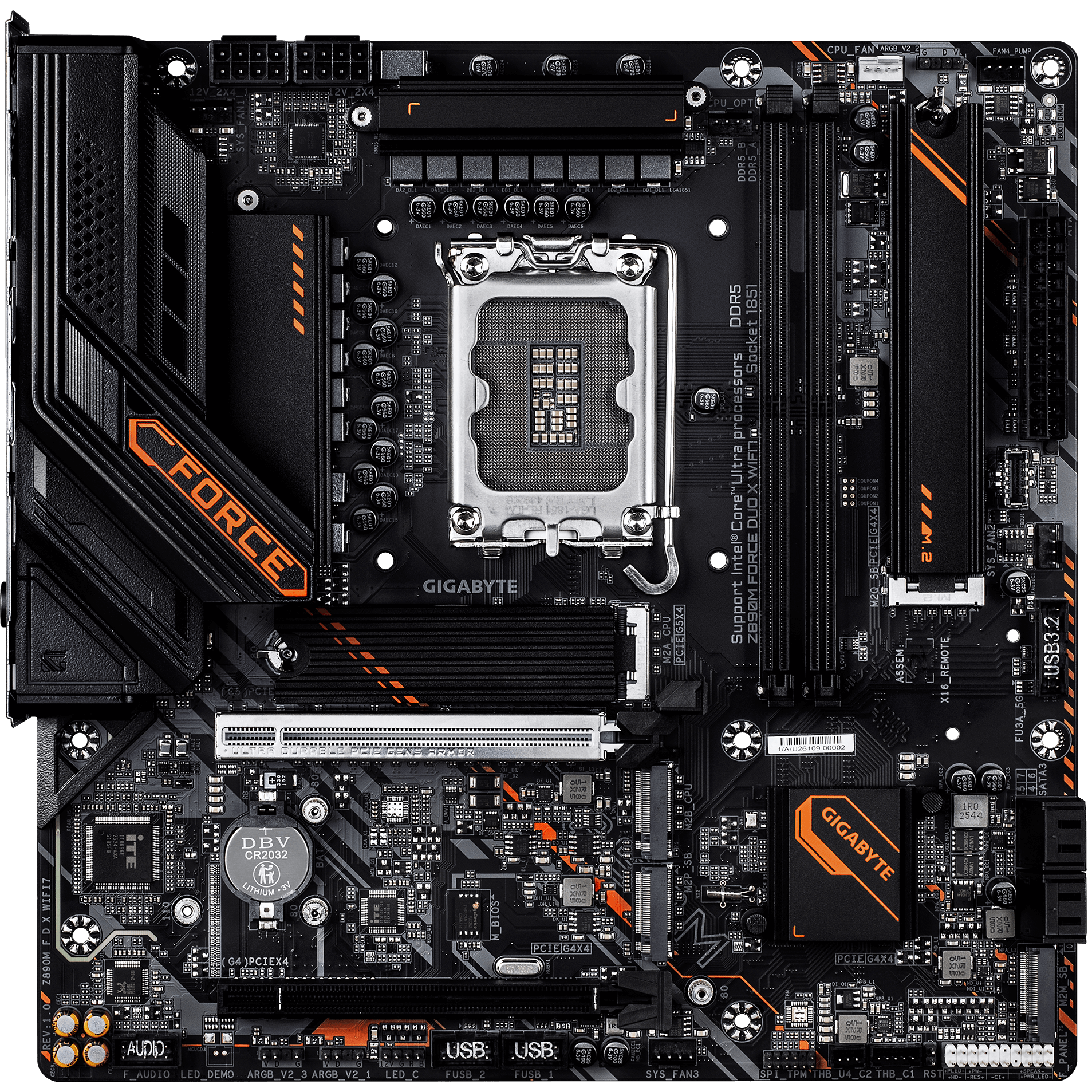 A large main feature product image of Gigabyte Z890M FORCE DUO X WIFI7 LGA1851 mATX Desktop Motherboard
