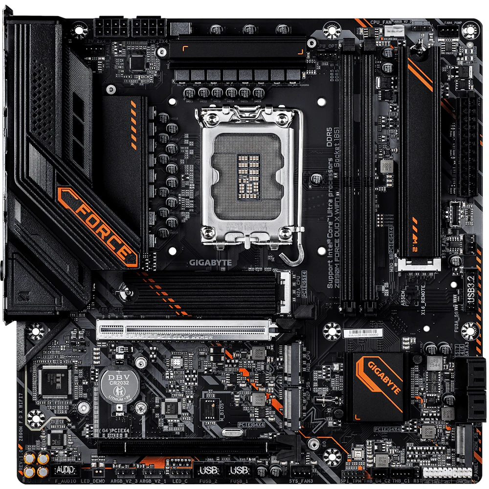 A large main feature product image of Gigabyte Z890M FORCE DUO X WIFI7 LGA1851 mATX Desktop Motherboard