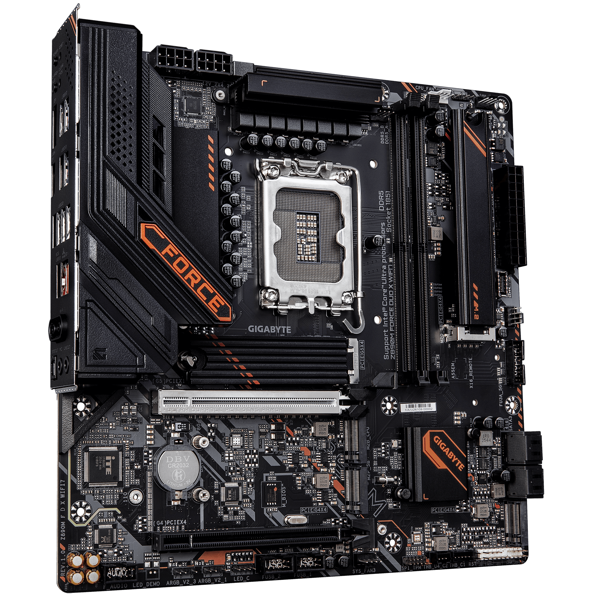A large main feature product image of Gigabyte Z890M FORCE DUO X WIFI7 LGA1851 mATX Desktop Motherboard
