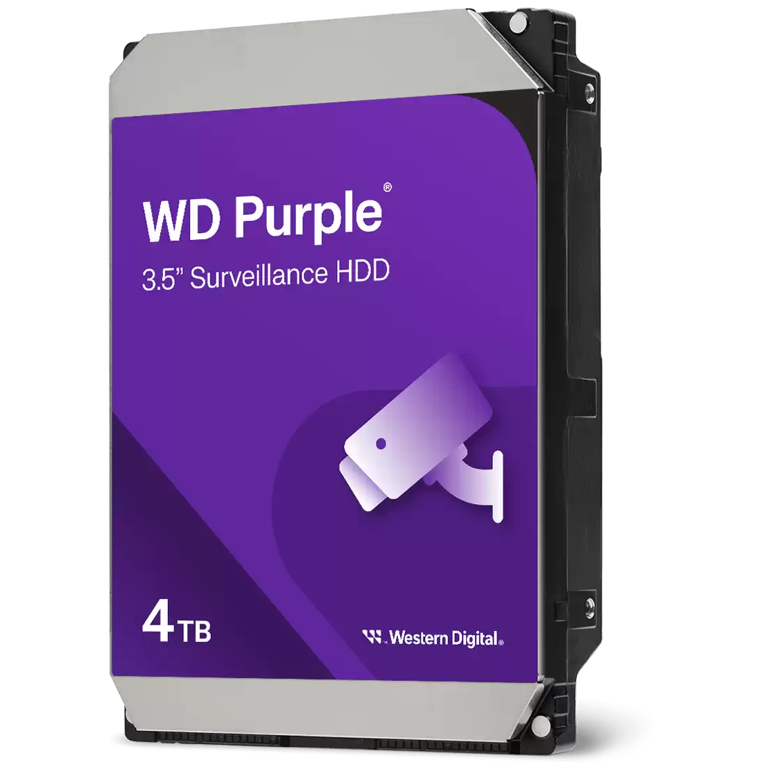 A large main feature product image of WD Purple 3.5" Surveillance HDD - 4TB 128MB