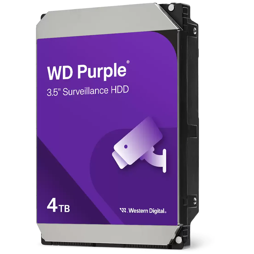 A large main feature product image of WD Purple 3.5" Surveillance HDD - 4TB 128MB