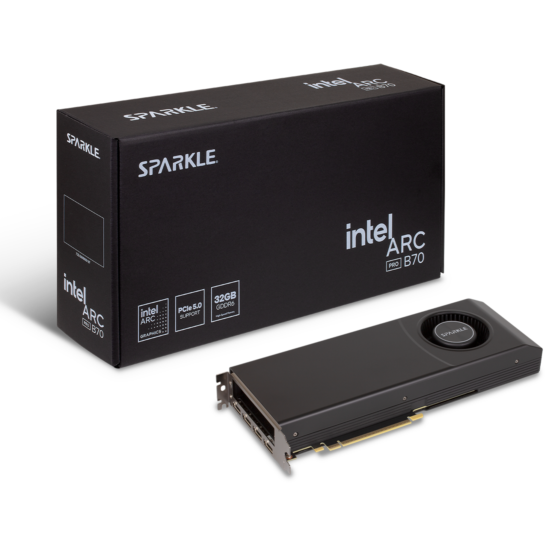 A large main feature product image of SPARKLE Intel Arc Pro B70 Blower 32GB GDDR6