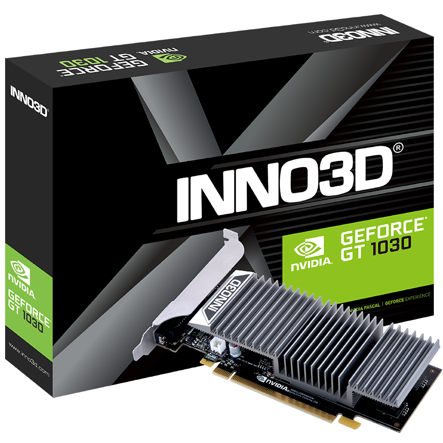 A large main feature product image of INNO3D GeForce GTX 1030 2GB GDDR5