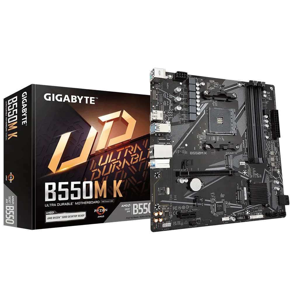 A large main feature product image of EX-DEMO Gigabyte B550M K AM4 mATX Desktop Motherboard