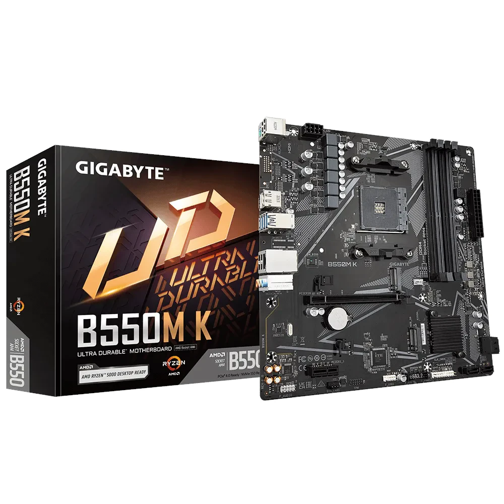 A large main feature product image of EX-DEMO Gigabyte B550M K AM4 mATX Desktop Motherboard