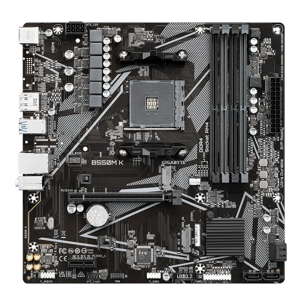 A large main feature product image of EX-DEMO Gigabyte B550M K AM4 mATX Desktop Motherboard