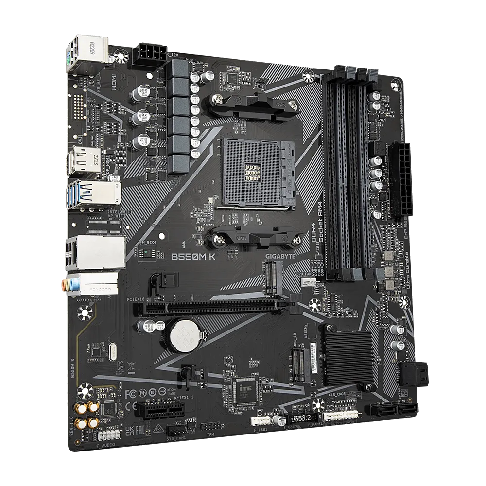 A large main feature product image of EX-DEMO Gigabyte B550M K AM4 mATX Desktop Motherboard