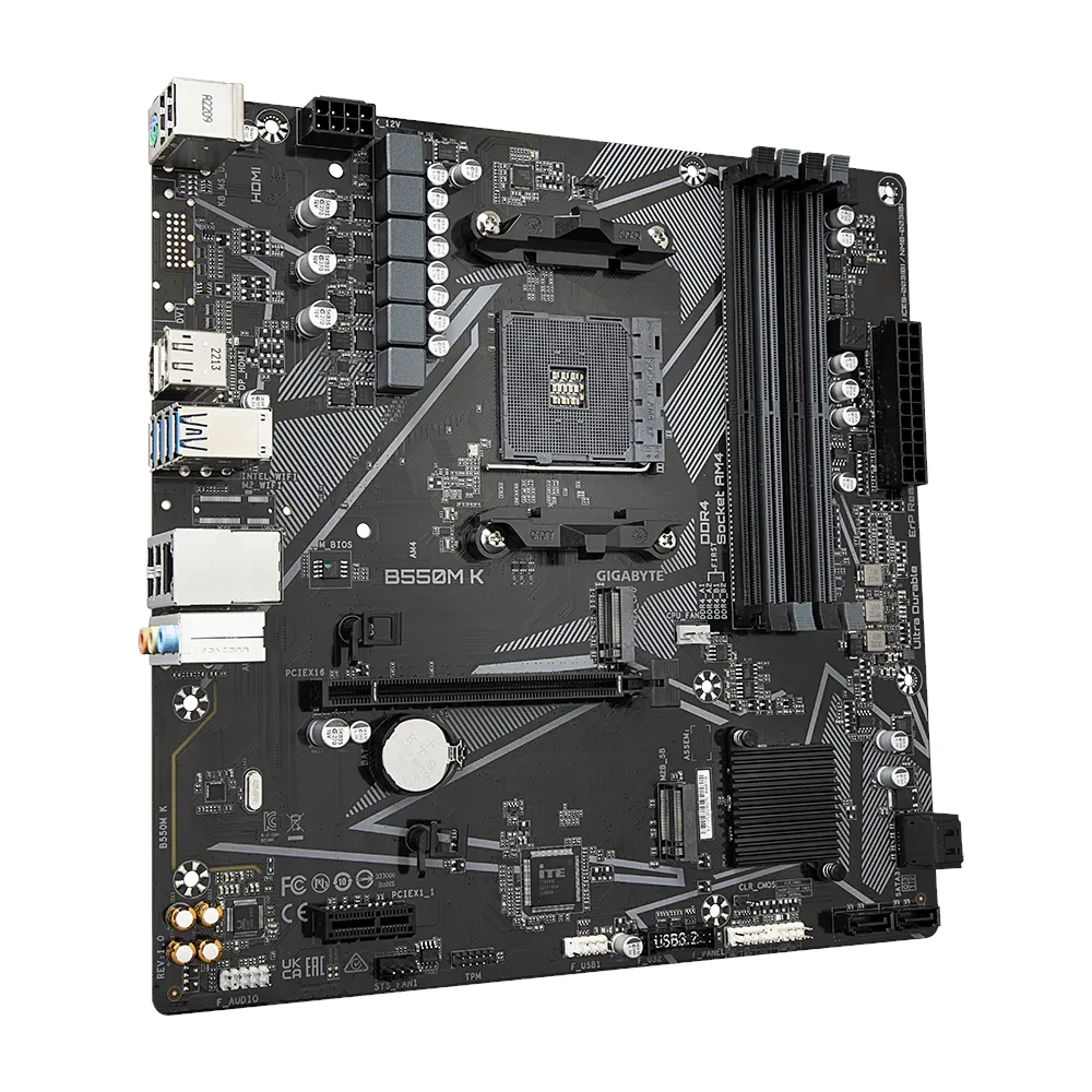 A large main feature product image of EX-DEMO Gigabyte B550M K AM4 mATX Desktop Motherboard