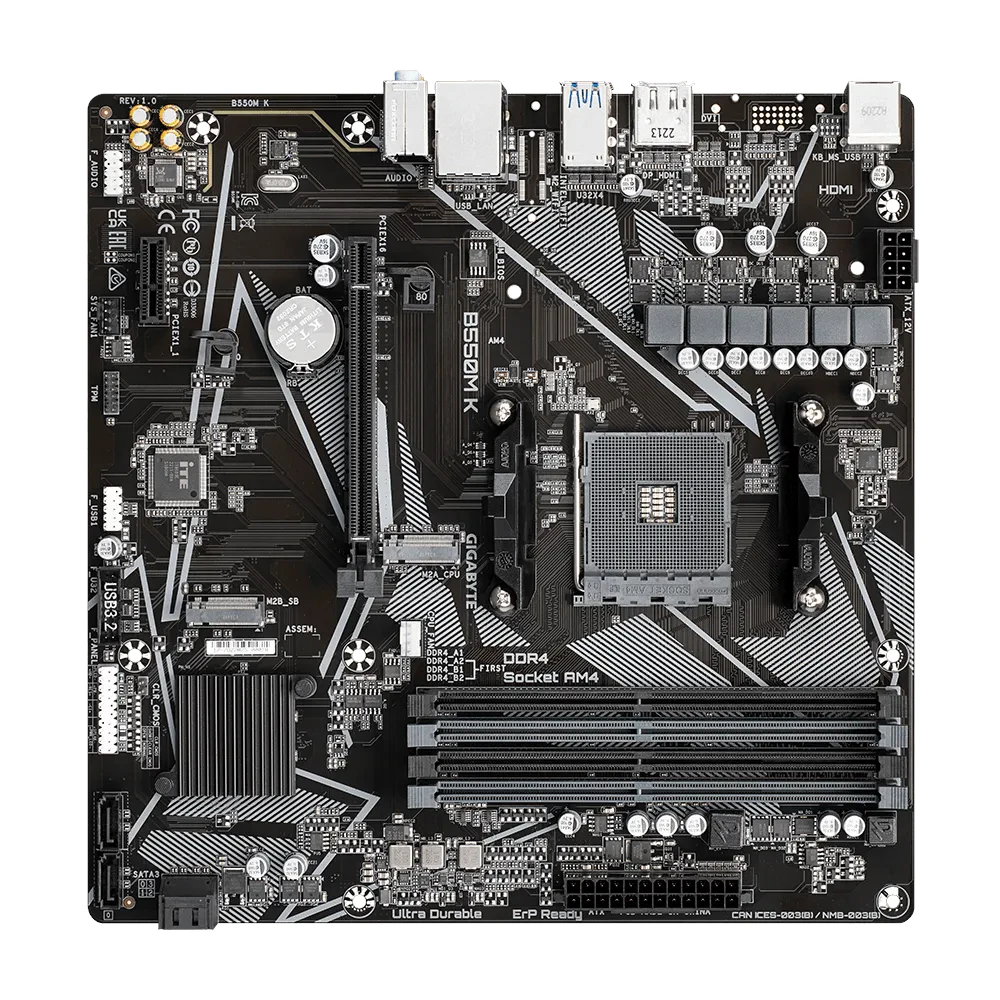 A large main feature product image of EX-DEMO Gigabyte B550M K AM4 mATX Desktop Motherboard