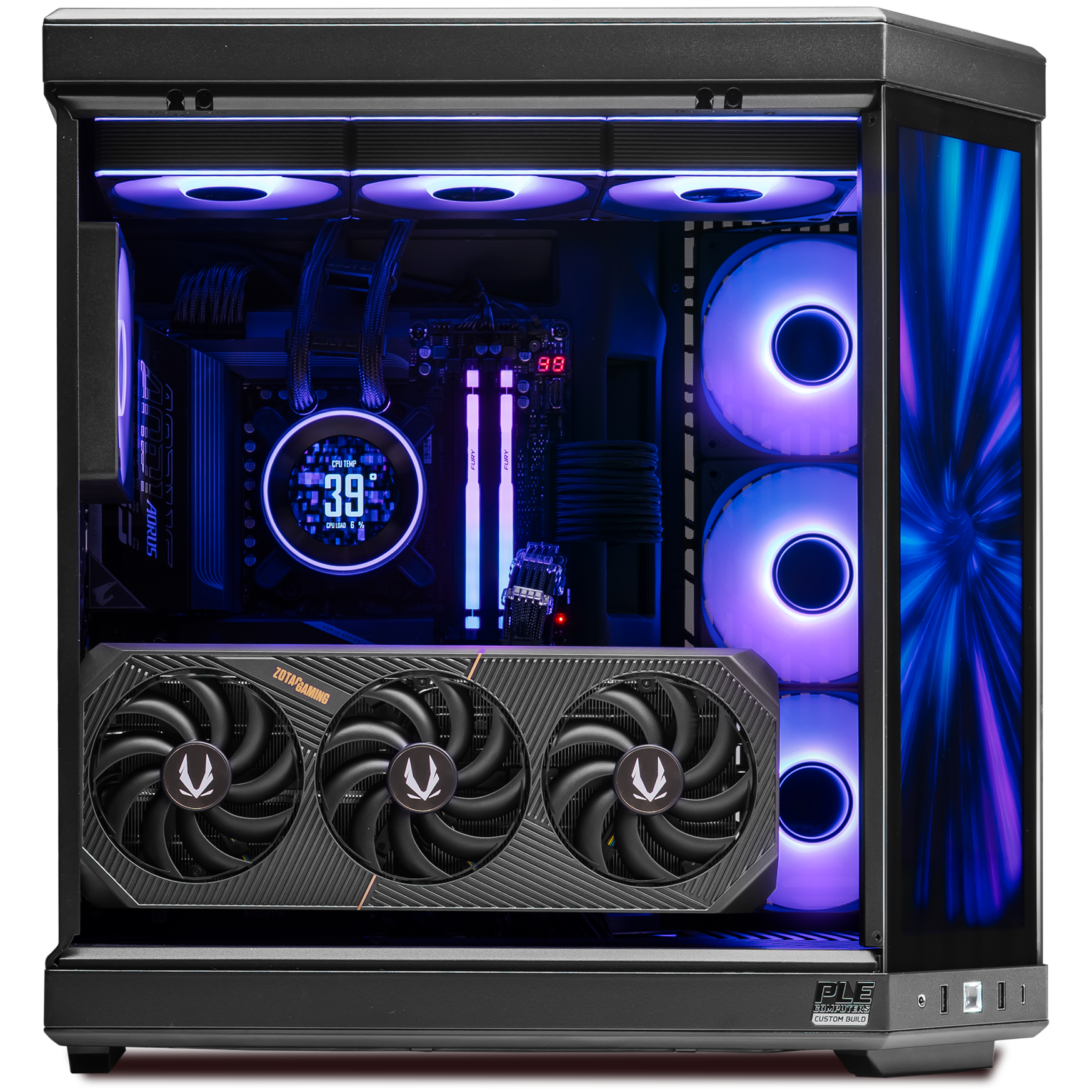 A large main feature product image of PLE Infinite RTX 5090 Prebuilt Ready To Go Gaming PC