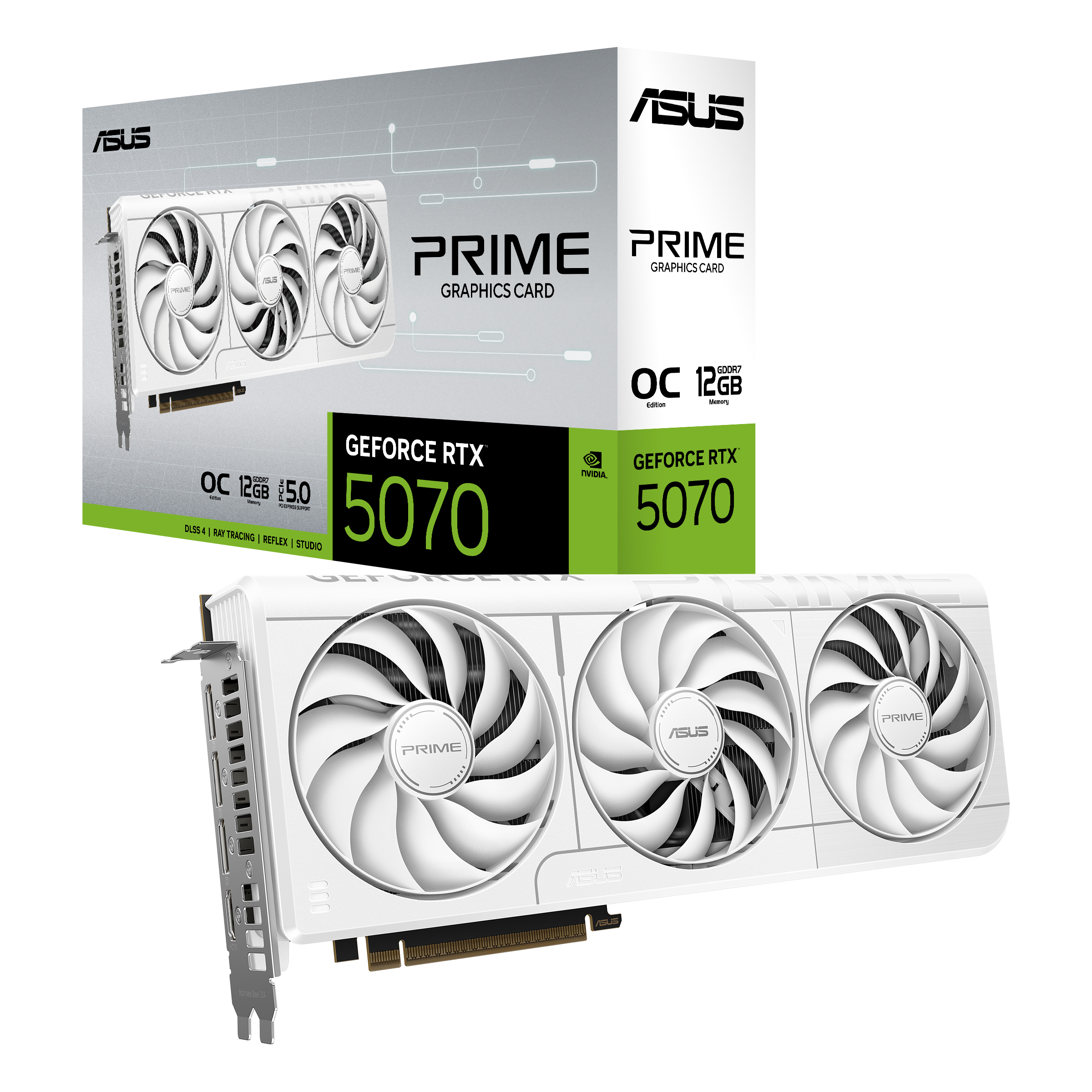 A large main feature product image of EX-DEMO ASUS GeForce RTX 5070 Prime OC 12GB GDDR7 - White
