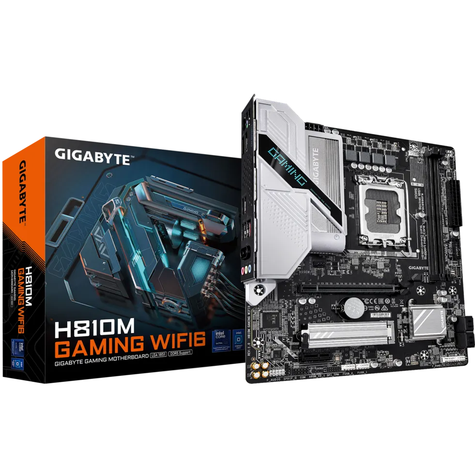 A large main feature product image of EX-DEMO Gigabyte H810M GAMING WiFi6 LGA1851 mATX Desktop Motherboard