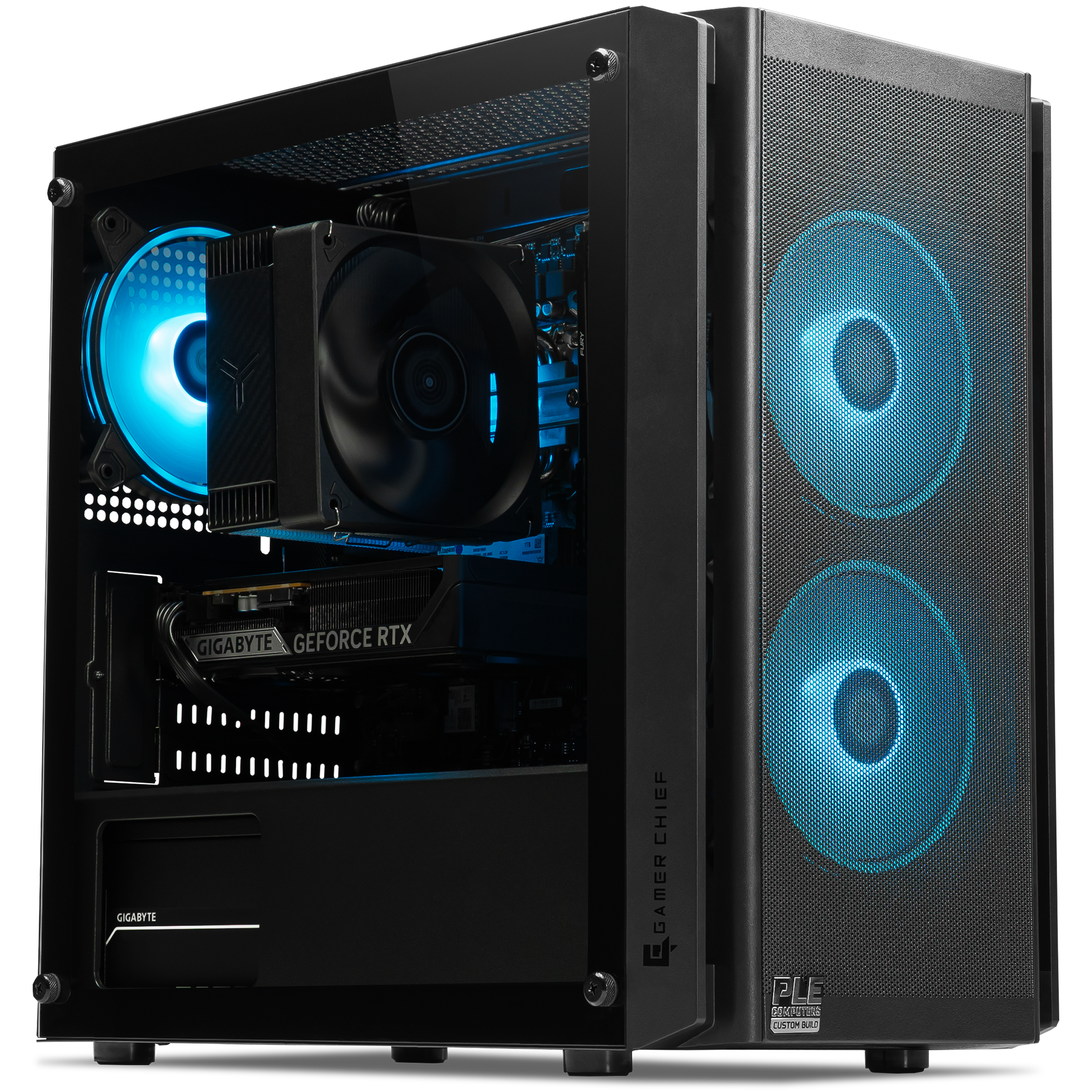 A large main feature product image of PLE Mist RTX 5060 Prebuilt Ready To Go Gaming PC