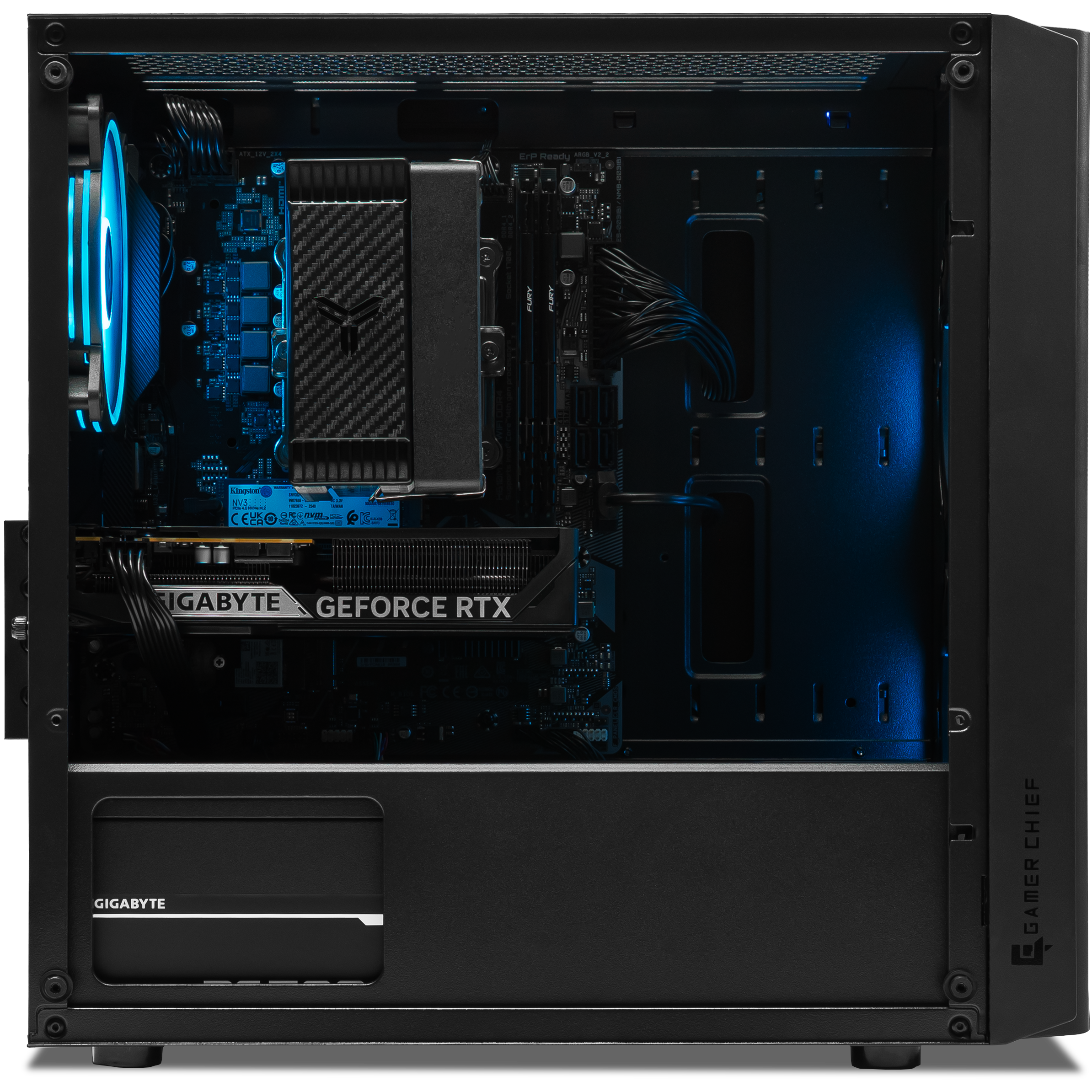 A large main feature product image of PLE Mist RTX 5060 Prebuilt Ready To Go Gaming PC