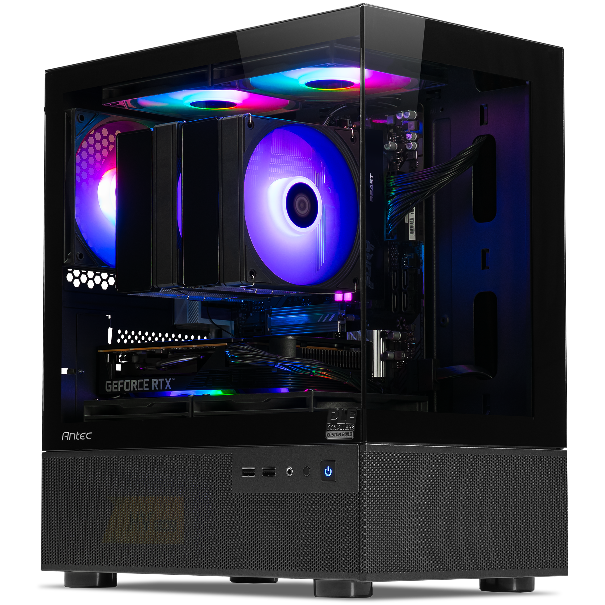 A large main feature product image of PLE Aqua RTX 5050 Prebuilt Ready To Go Gaming PC