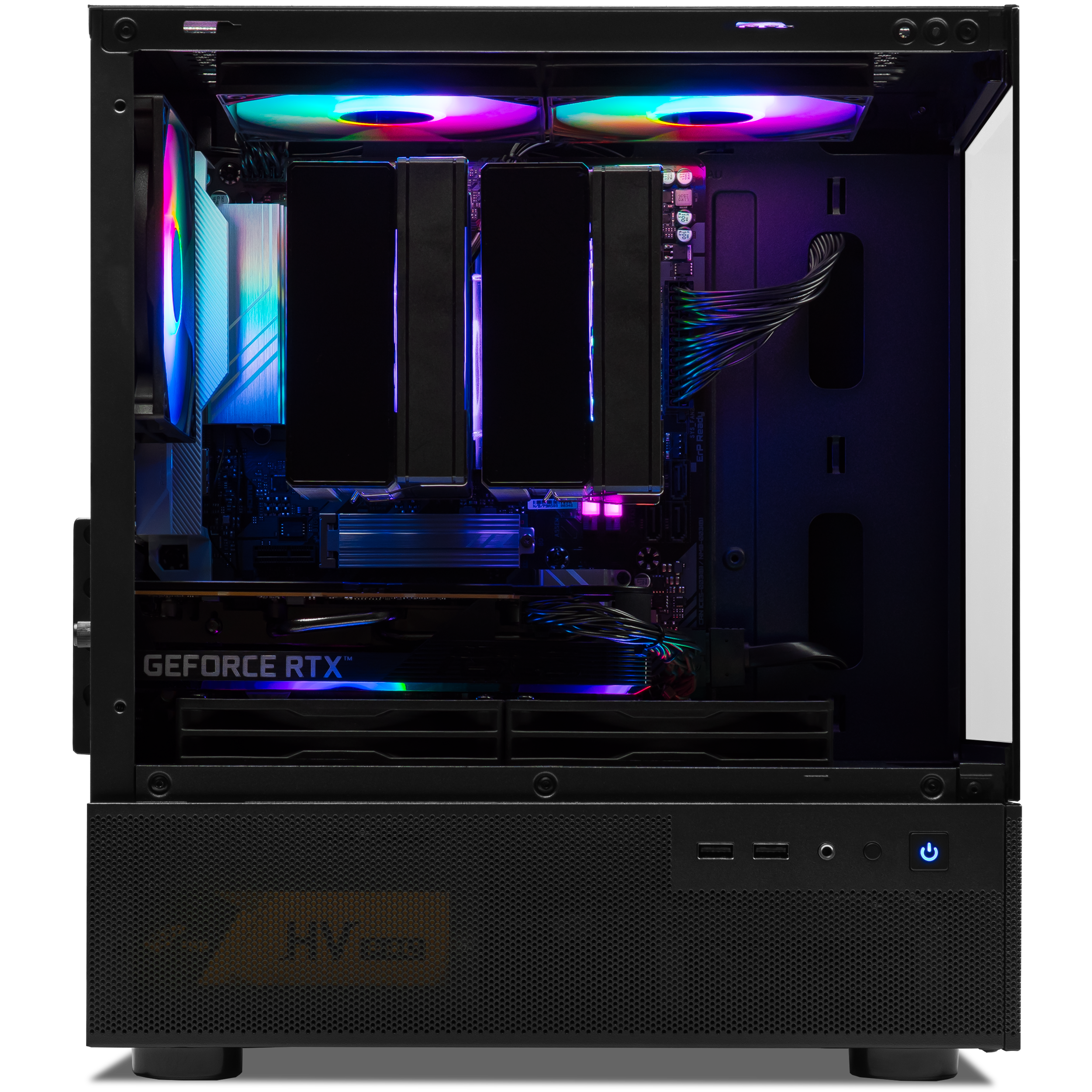 A large main feature product image of PLE Aqua RTX 5050 Prebuilt Ready To Go Gaming PC
