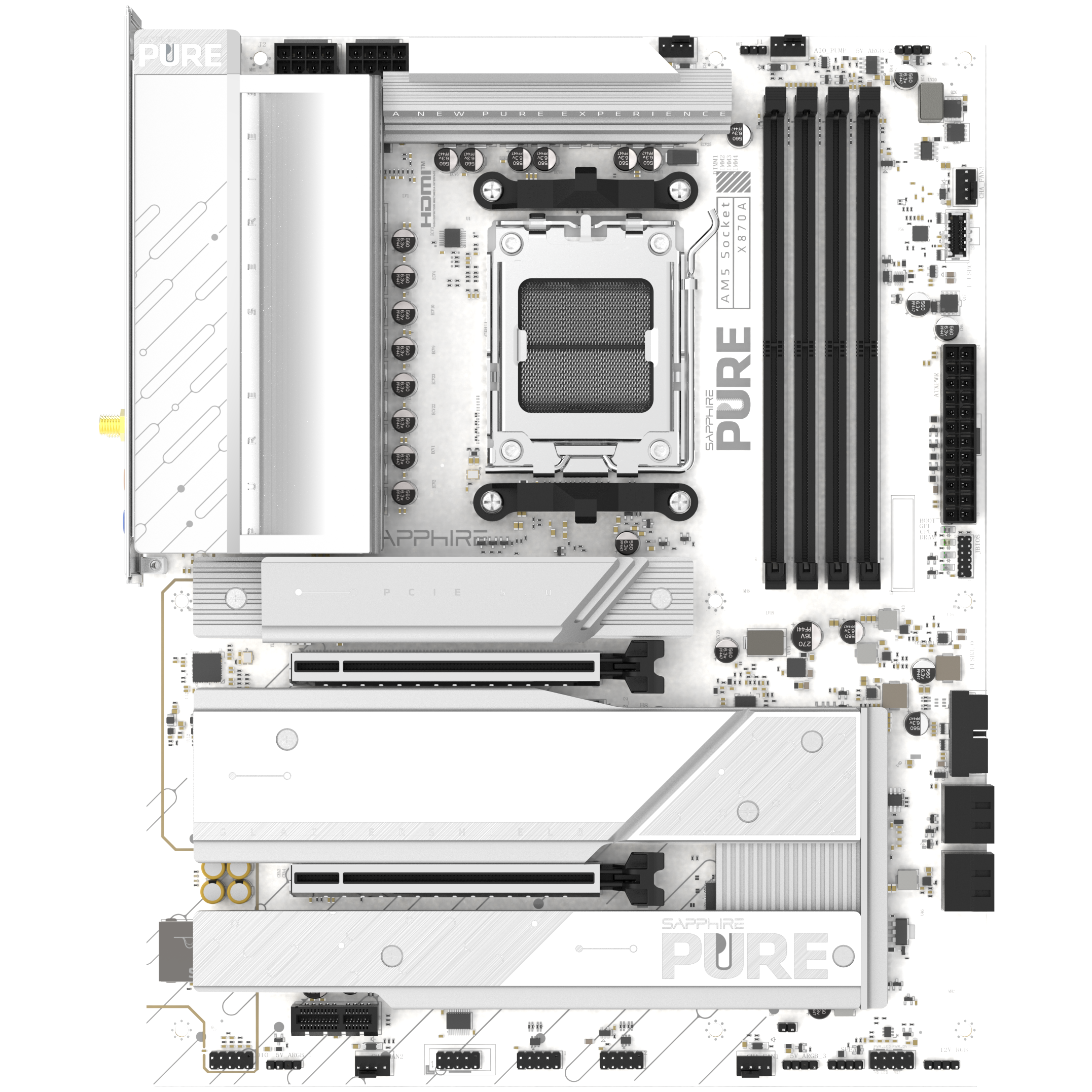 A large main feature product image of Sapphire PURE X870A WiFi7 AM5 ATX Desktop Motherboard