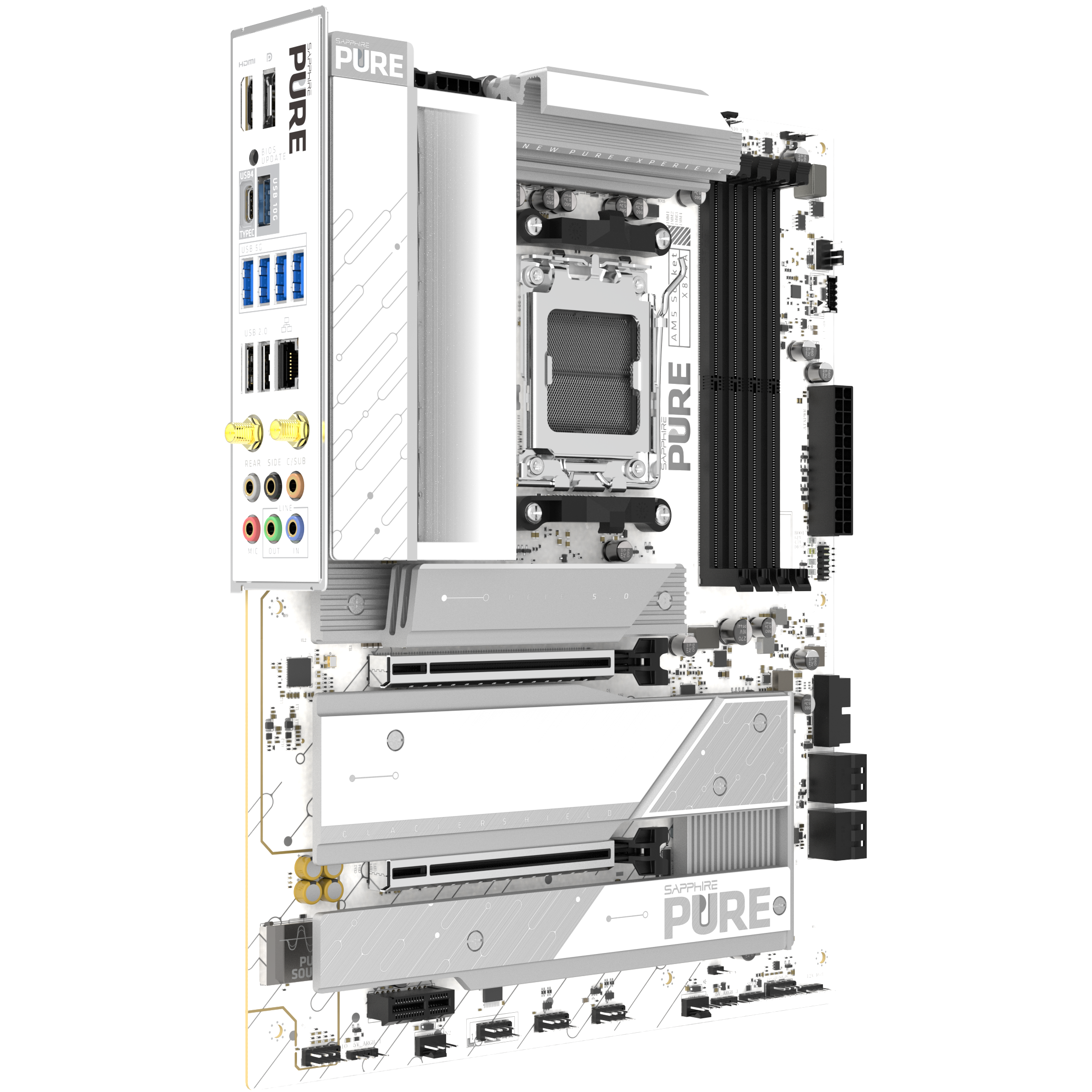 A large main feature product image of Sapphire PURE X870A WiFi7 AM5 ATX Desktop Motherboard