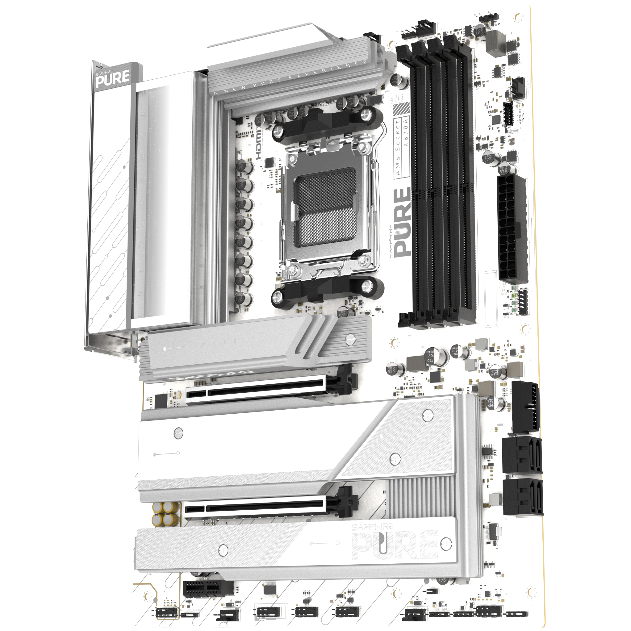 A large main feature product image of Sapphire PURE X870A WiFi7 AM5 ATX Desktop Motherboard