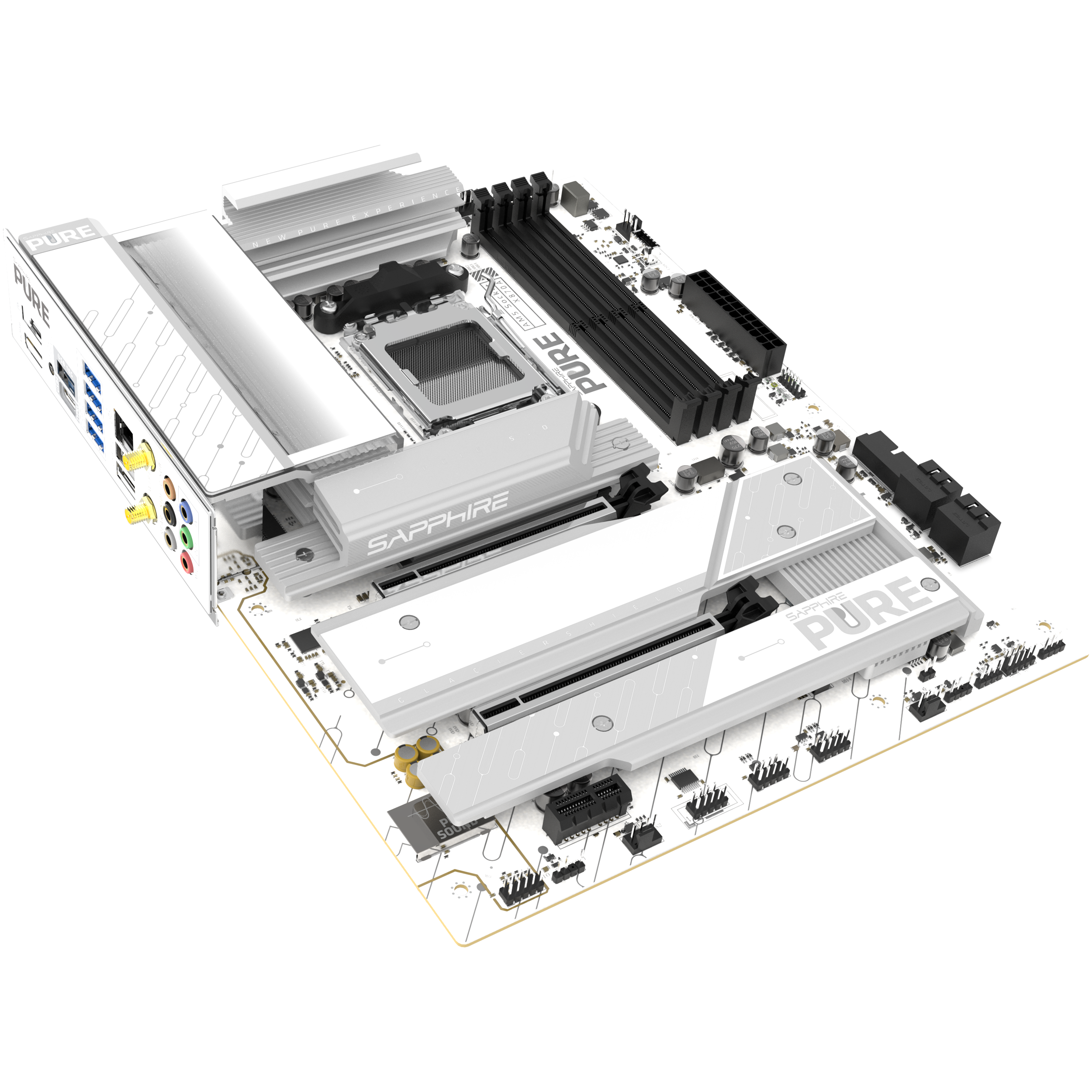A large main feature product image of Sapphire PURE X870A WiFi7 AM5 ATX Desktop Motherboard