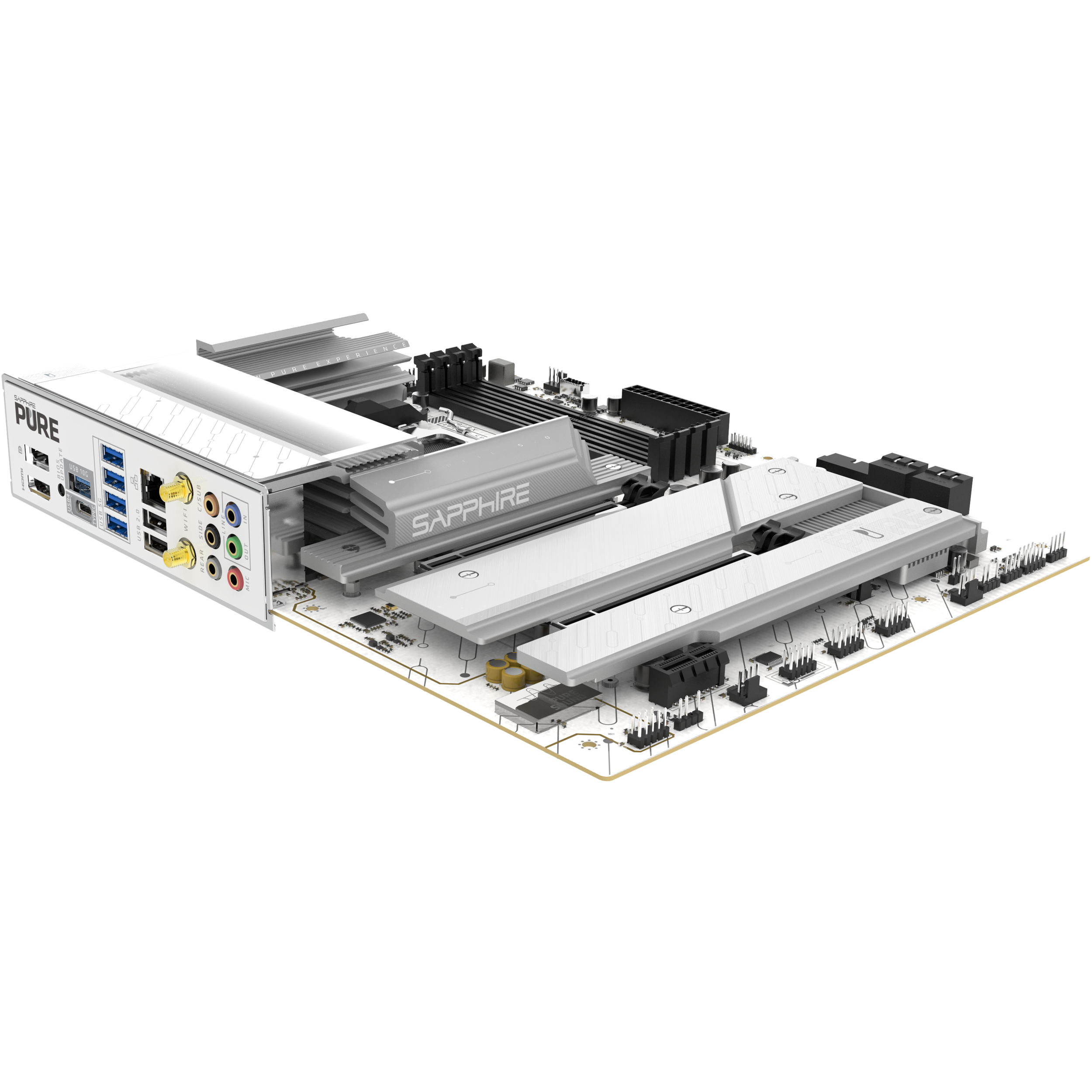 A large main feature product image of Sapphire PURE X870A WiFi7 AM5 ATX Desktop Motherboard