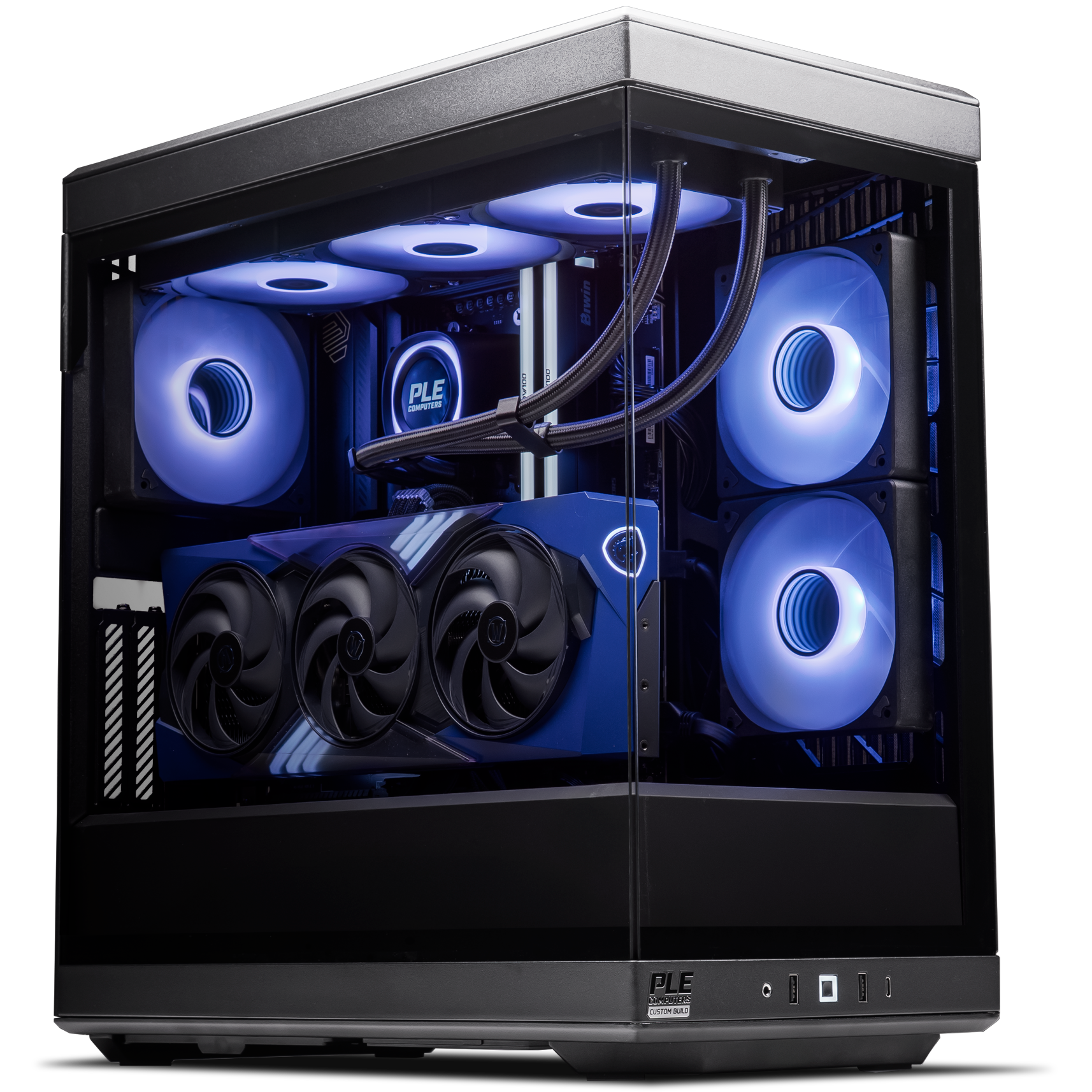 A large main feature product image of PLE Midnight Void RTX 5070 Prebuilt Ready To Go Gaming PC