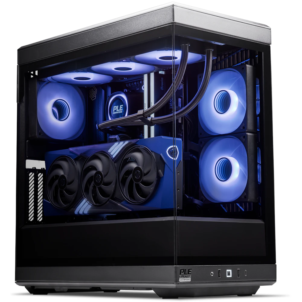 A large main feature product image of PLE Midnight Void RTX 5070 Prebuilt Ready To Go Gaming PC