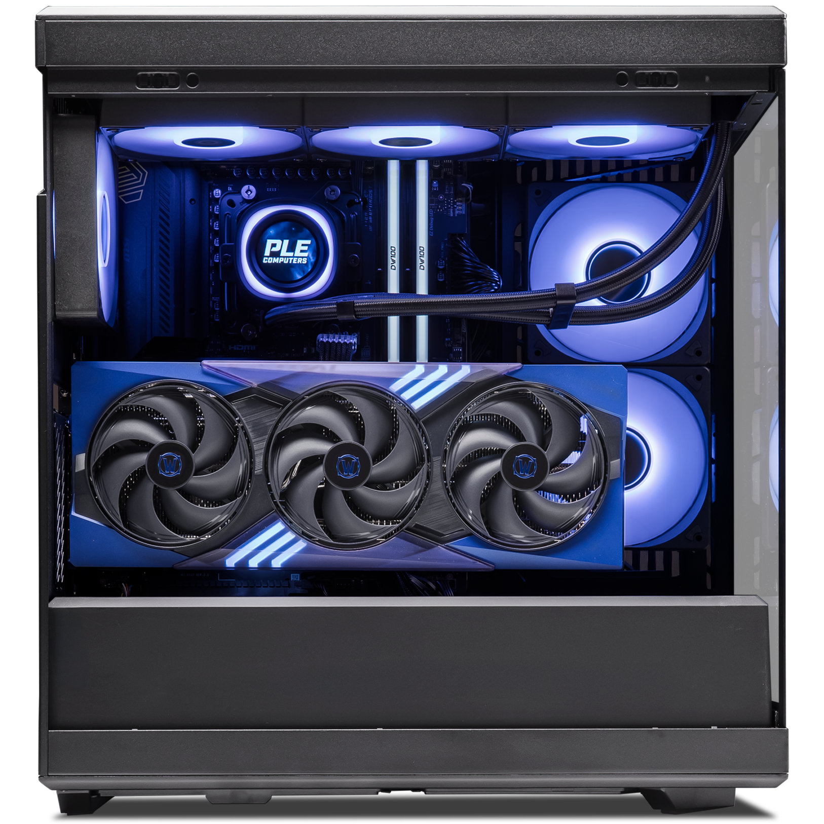 A large main feature product image of PLE Midnight Void RTX 5070 Prebuilt Ready To Go Gaming PC