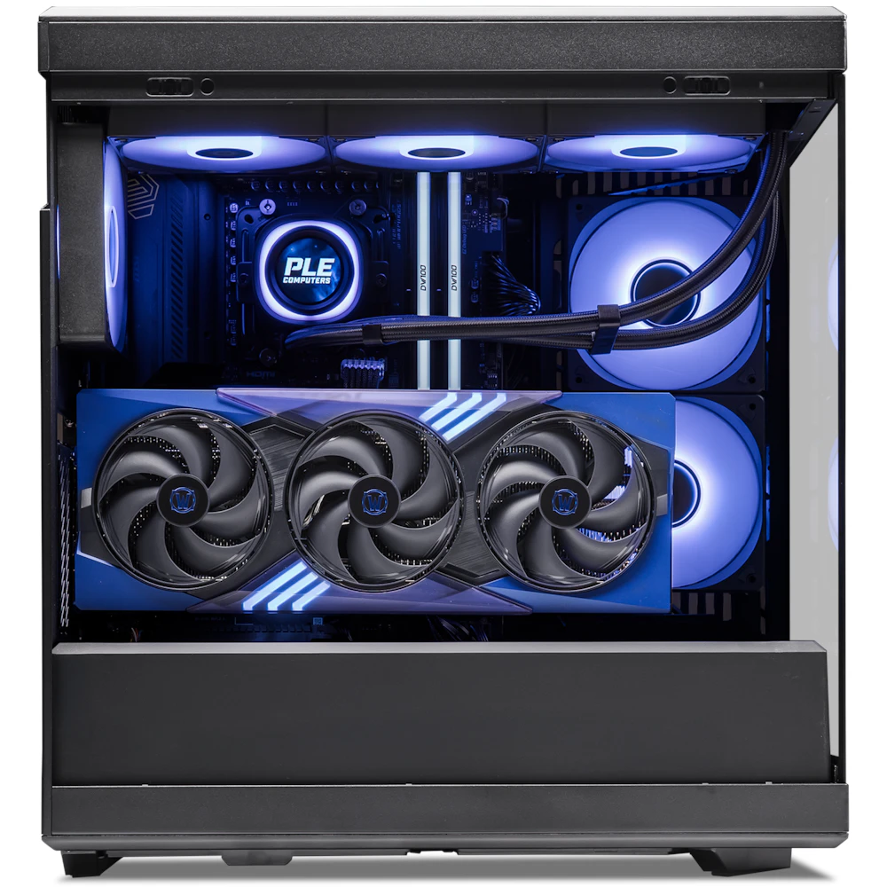 A large main feature product image of PLE Midnight Void RTX 5070 Prebuilt Ready To Go Gaming PC