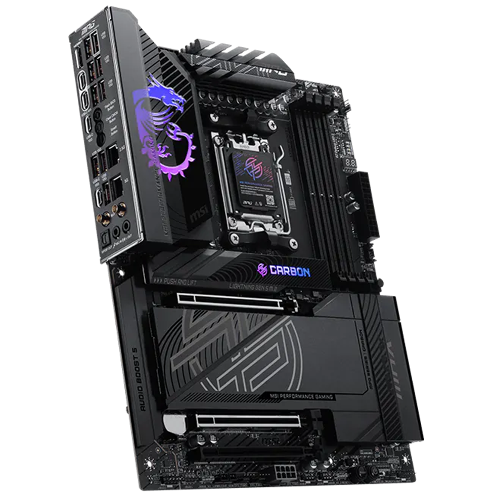 A large main feature product image of MSI MPG X870E Carbon Max WiFi AM5 ATX Desktop Mothherboard