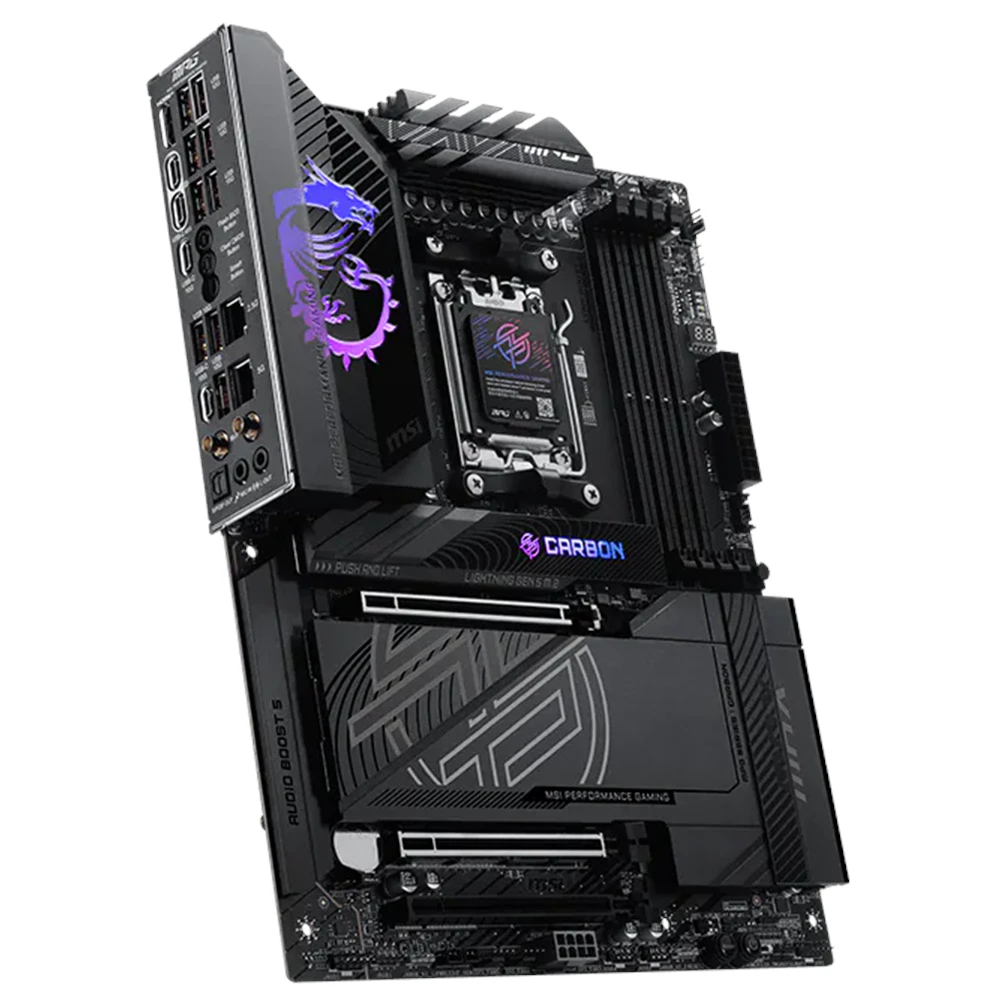 A large main feature product image of MSI MPG X870E Carbon Max WiFi AM5 ATX Desktop Mothherboard