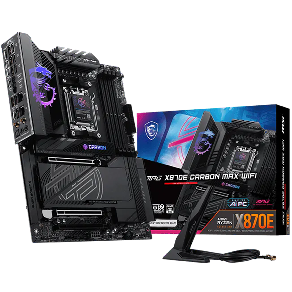 A large main feature product image of MSI MPG X870E Carbon Max WiFi AM5 ATX Desktop Mothherboard
