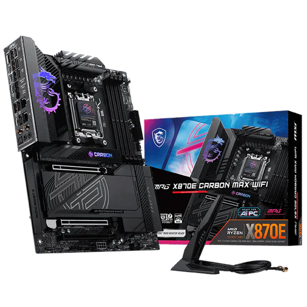 A large main feature product image of MSI MPG X870E Carbon Max WiFi AM5 ATX Desktop Mothherboard