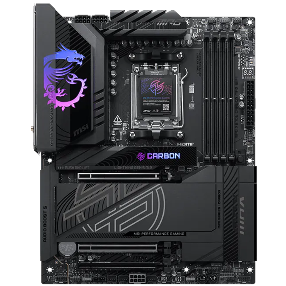 A large main feature product image of MSI MPG X870E Carbon Max WiFi AM5 ATX Desktop Mothherboard