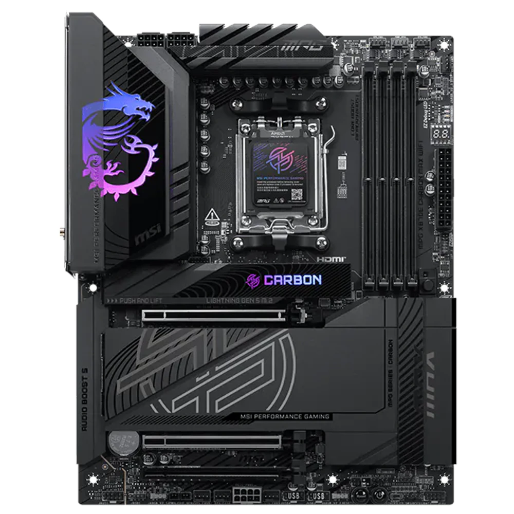 A large main feature product image of MSI MPG X870E Carbon Max WiFi AM5 ATX Desktop Mothherboard