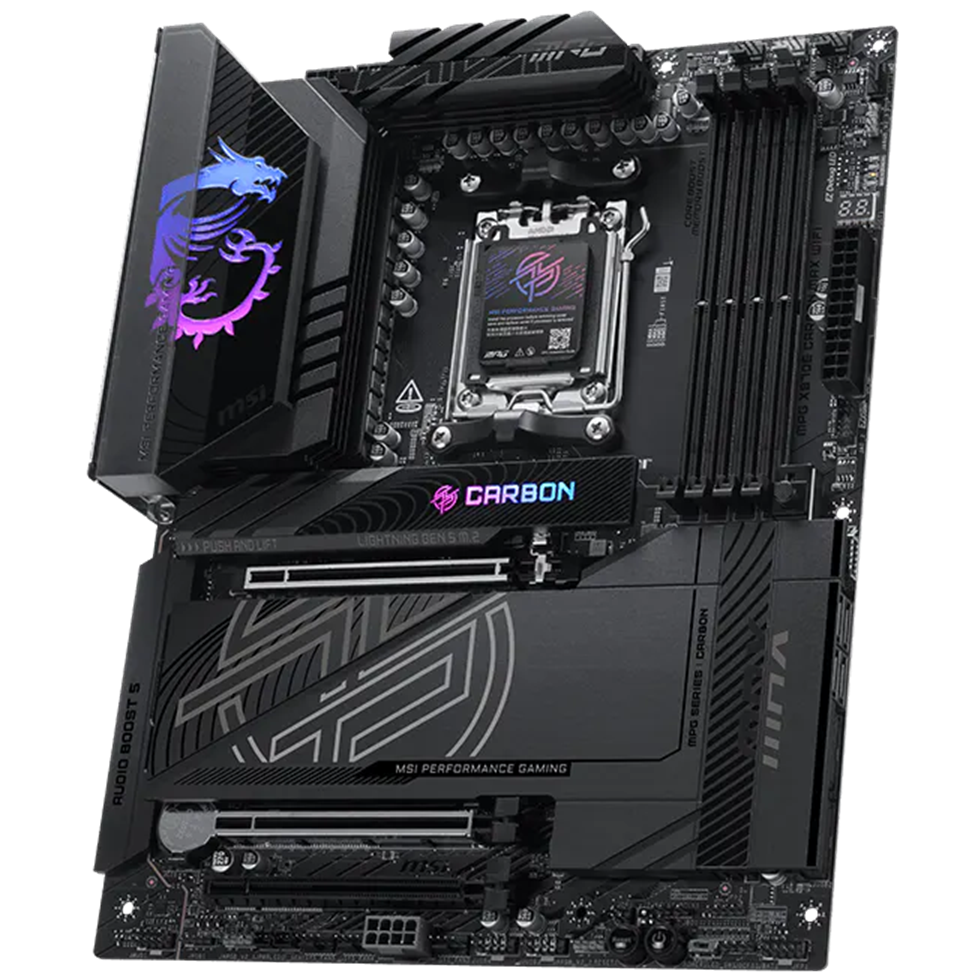 A large main feature product image of MSI MPG X870E Carbon Max WiFi AM5 ATX Desktop Mothherboard