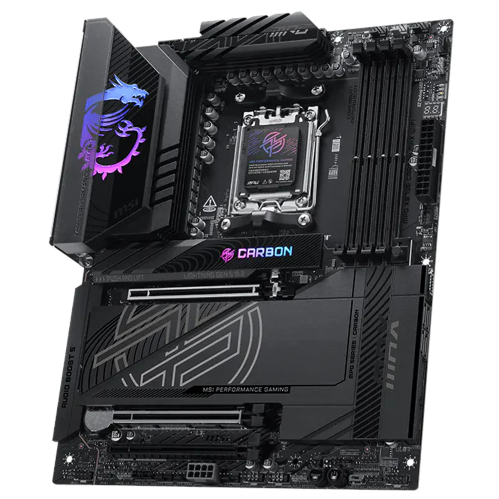 A large main feature product image of MSI MPG X870E Carbon Max WiFi AM5 ATX Desktop Mothherboard