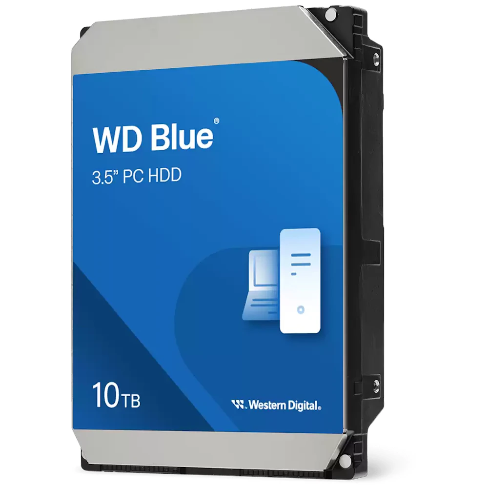 A large main feature product image of WD Blue 3.5" Desktop HDD - 10TB 512MB