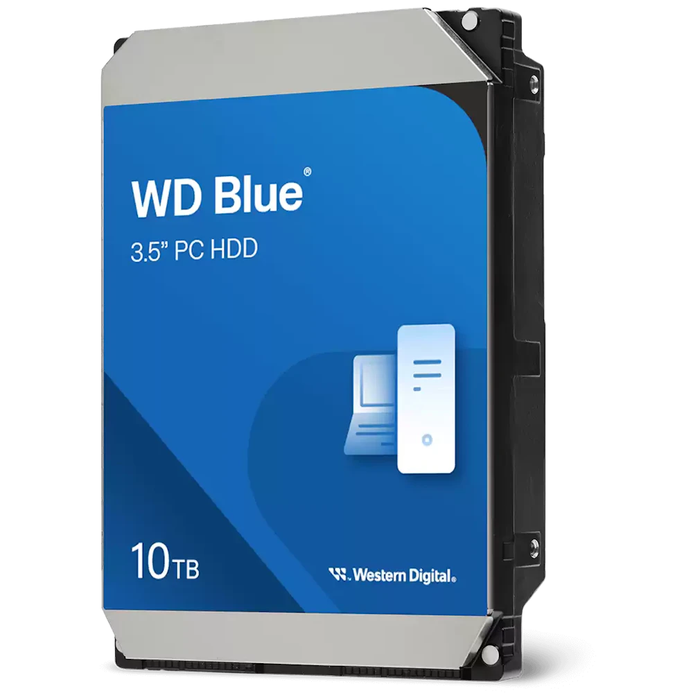 A large main feature product image of WD Blue 3.5" Desktop HDD - 10TB 512MB