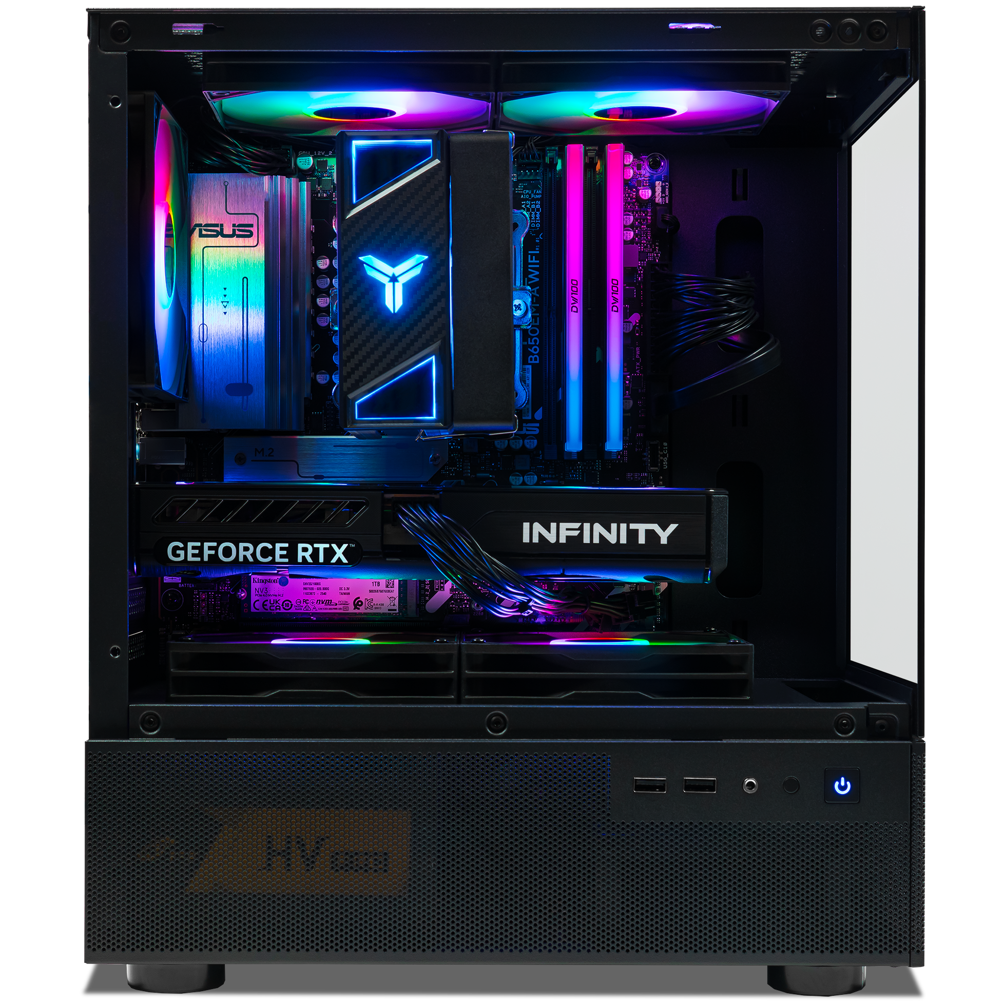 A large main feature product image of PLE Neon RTX 5060 Prebuilt Ready To Go Gaming PC
