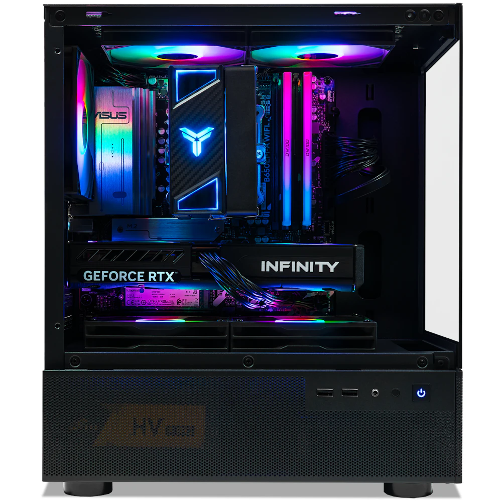 A large main feature product image of PLE Neon RTX 5060 Prebuilt Ready To Go Gaming PC