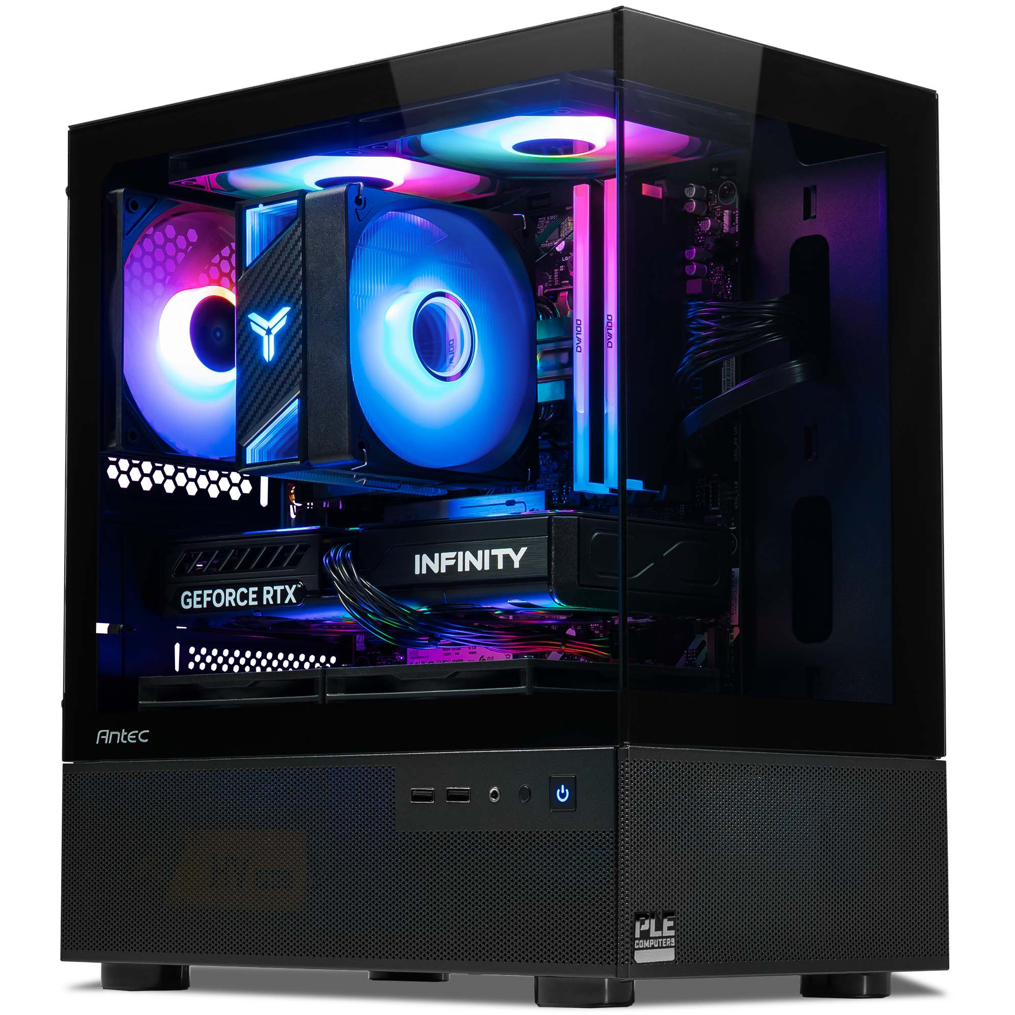 A large main feature product image of PLE Neon RTX 5060 Prebuilt Ready To Go Gaming PC