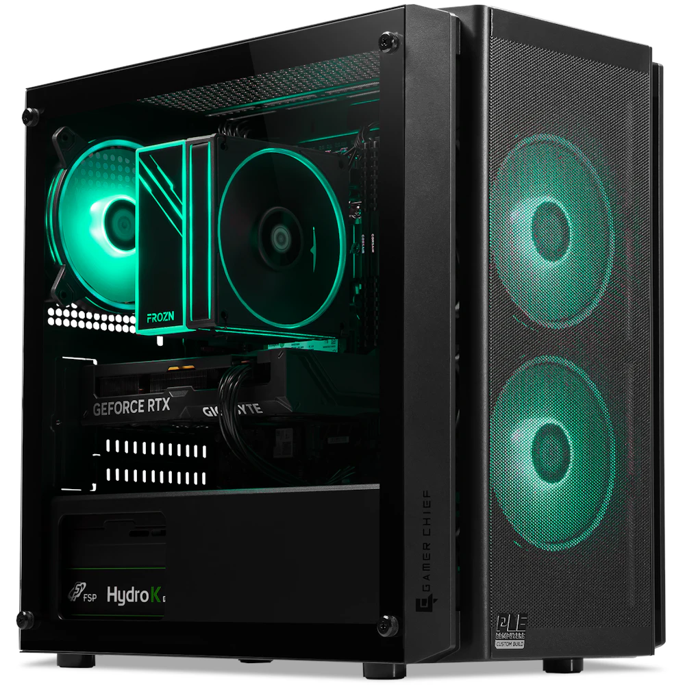 A large main feature product image of PLE Opal RTX 5050 Prebuilt Ready To Go Gaming PC