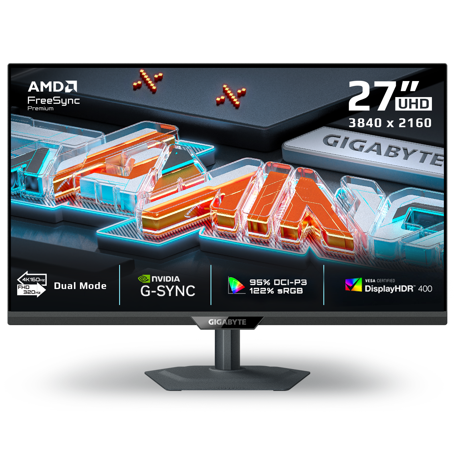 A large main feature product image of Gigabyte G27U - 27" 4K 2160p 160Hz/ 1080p 320Hz SS IPS Gaming Monitor