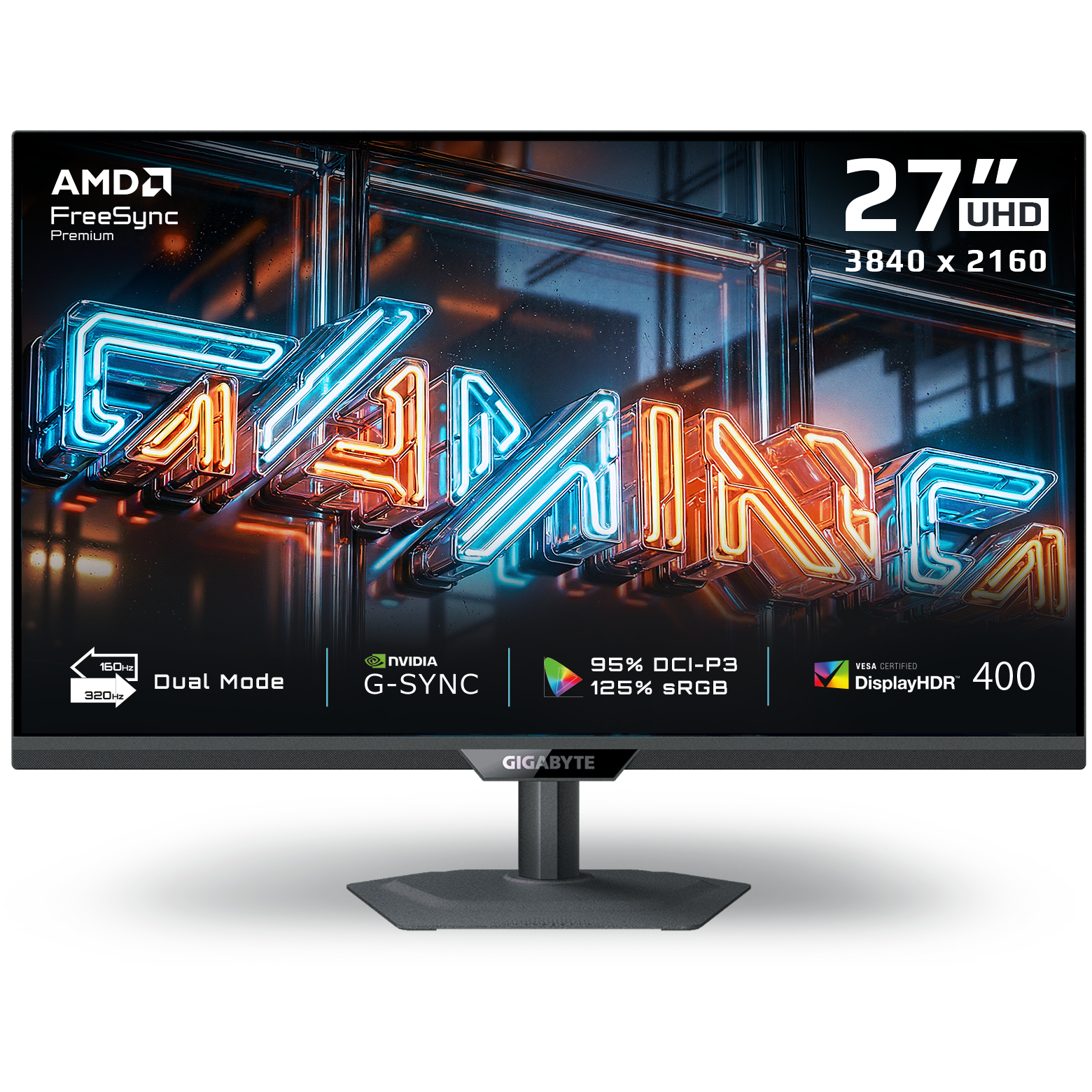 A large main feature product image of Gigabyte M27UP - 27" 4K 2160p 160Hz / 24" 1080p 320Hz Dual-Mode IPS Gaming Monitor