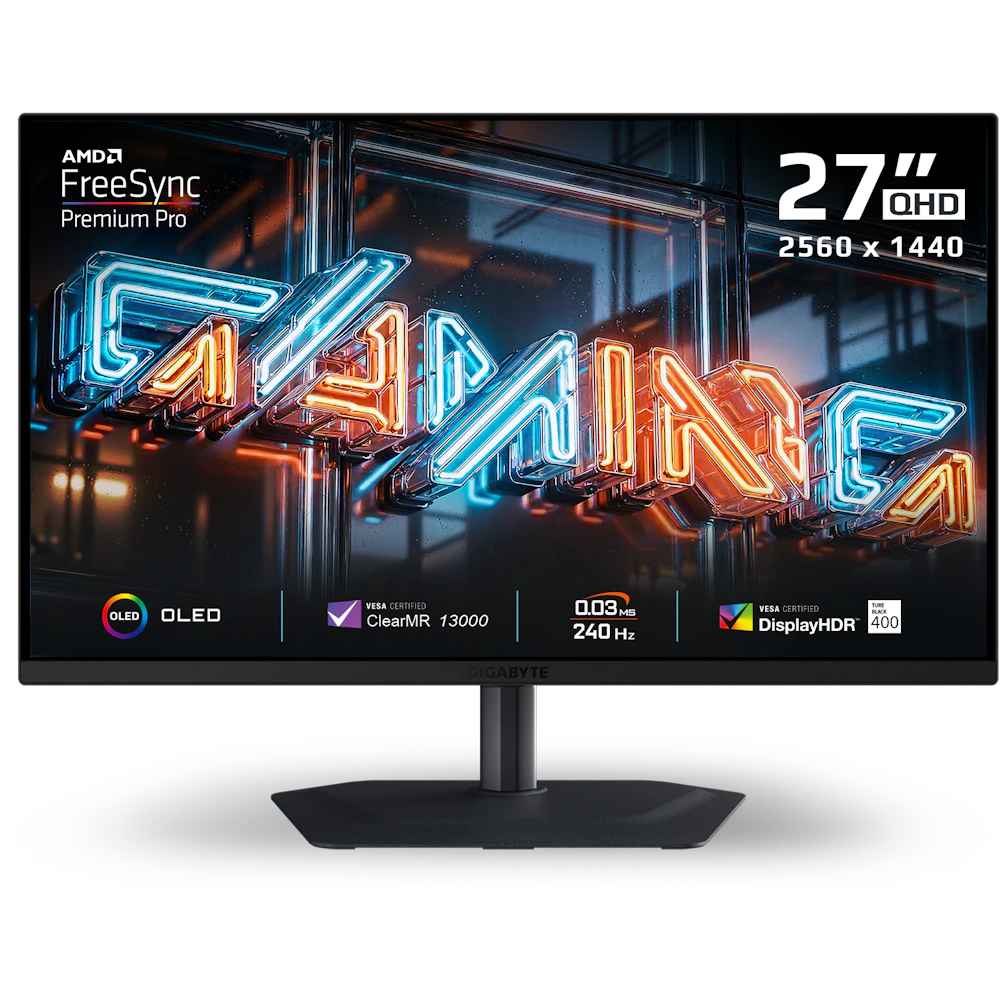 A large main feature product image of Gigabyte MO27Q2 OLED - 27" 1440p 240Hz 0.03ms Gaming Monitor